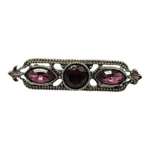 1928 Art Nouveau Styled Purple Rhinestone Silver Tone Bar Pin Brooch Vintage